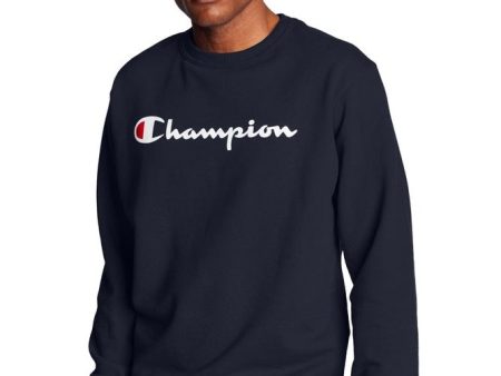 Champion Men s Powerblend Fleece Crew Script Logo Navy GF88H Y06794 NYC For Sale